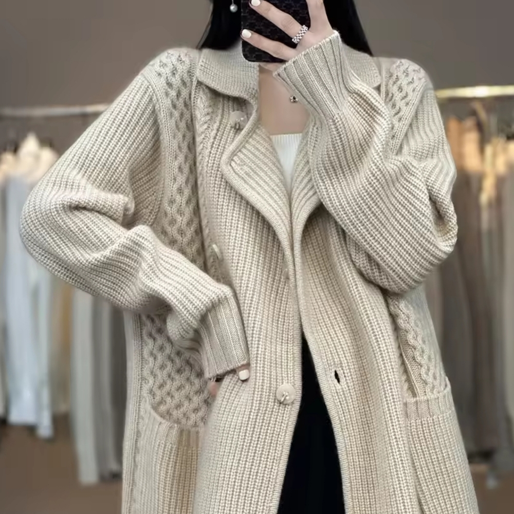 cardigan women's lace-up suit collar thick loose mid-length  sweate - Picture 4 of 9